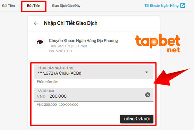 Giao diện rút tiền TAPTAP về tài khoản ngân hàng cá nhân